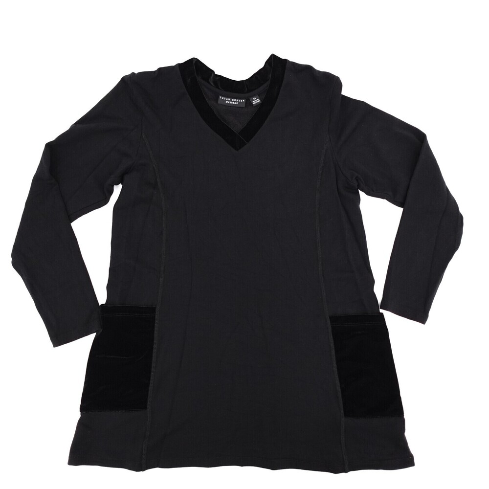 Susan Graver Weekend Shirt Women Extra Small Black Tunic Long Sleeve Pockets